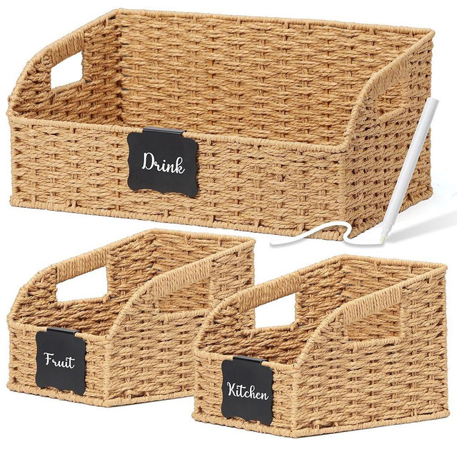 Stylave Wicker Baskets for Organizing,Pantry, Kitchen Counter with Handles, Handwoven Woven Storage Baskets for Fruit, Bread, Vegetable, Paper Storage Bins for Shelves, 3 Pack, Natural
