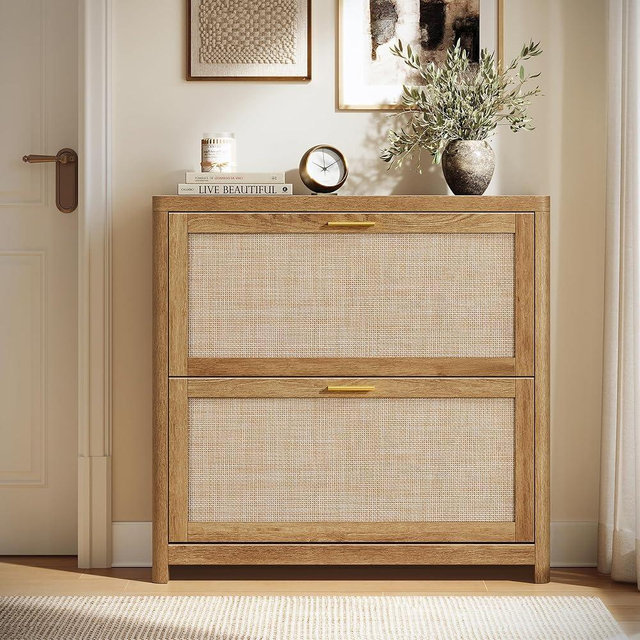 VASAGLE ELLAN Collection - Boho Shoe Storage Cabinet for Entryway Slim, Entry Shoe Cabinet with Rattan-Look Flip Drawers, Rounded Corners, Narrow for Entrance, Natural Brown UHSC601KC01