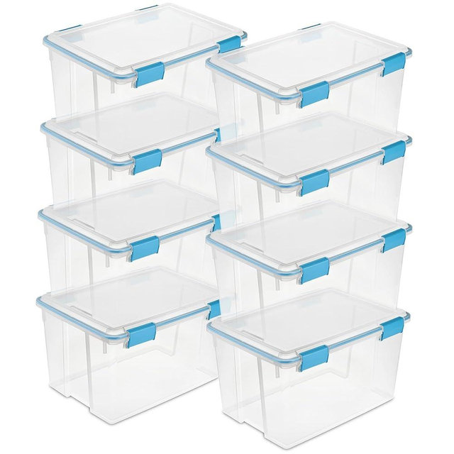 Sterilite 8-Pack Gasket Box, Weather-Resistant Storage Bins with Latching Lids, 54 Quart - Heavy-Duty Organizing Containers for Closet, Bathroom, and Office