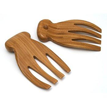 Totally Bamboo Salad Hands, 100% Organic Bamboo Salad Servers + Serving Tongs. Beautiful Craftsmanship +  ALL NATURAL & FOOD-SAFE (w/ knob stand!)