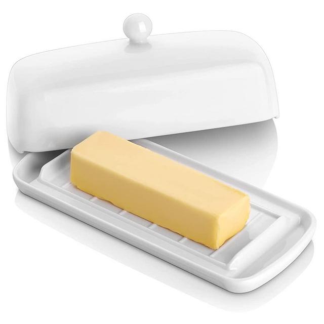 Nucookery White Porcelain Butter Dish - Clean Table Design - Ceramic Butter Dish with Lid for Countertop with Raised Non-Slip Strip - Holds 1 Standard Butter Stick - Easy to Clean & Dishwasher Safe