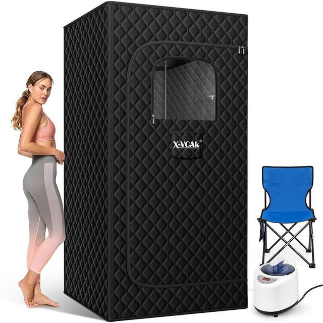 X-Vcak Portable Steam Sauna, Portable Sauna for Home, Sauna Tent Sauna Box with 2.6L Steamer, Remote Control, Folding Chair, 9 Levels, Black, 2.6’ x 2.6’ x 5.9’