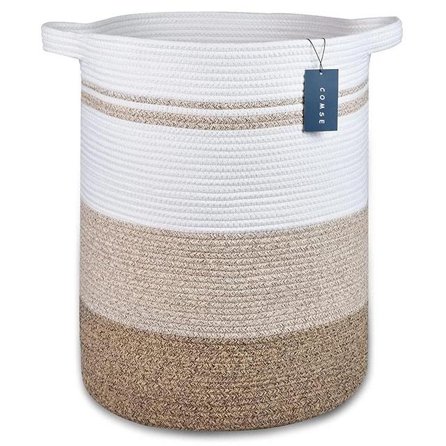 COMSE Extra Large Blanket Basket, High Storage Basket, Tall Rope Laundry Basket, 15.7”x 21.7”, XXXL Cotton Rope Basket, Woven Laundry Basket, Toy Basket, Clothes Baskets,Woven Basket,Gradient Brown