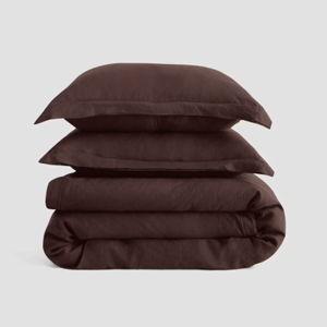 European Linen Double Flange Duvet Cover Set in Espresso - Full/Queen With Sham Set