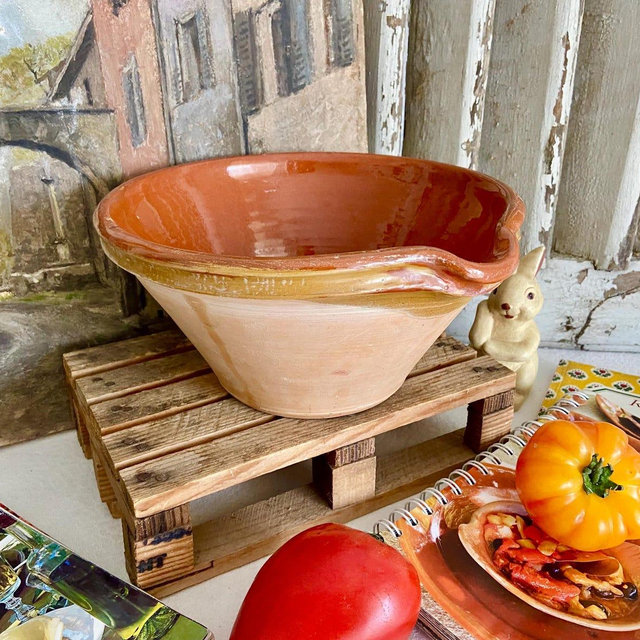 Vintage terracotta jatte with pouring spout, lovely semi glazed French ocher brown tian bowl, rustic mixing serving, cassoulet dish