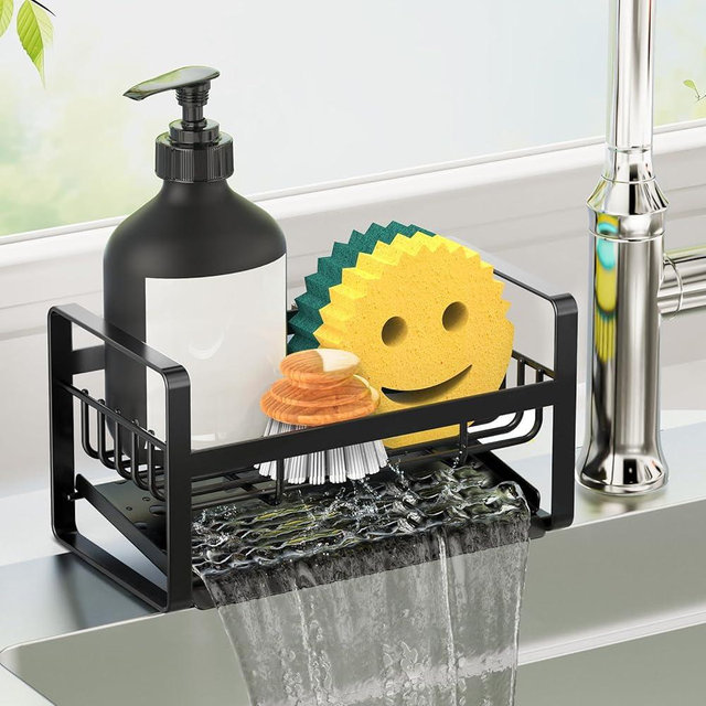 Sponge Holder for Kitchen Sink,Stainless Steel Kitchen Sink Organizer with Auto Draining Tray,Countertop Sink Caddy for Sponge Holder Soap Brush Dispenser,Black