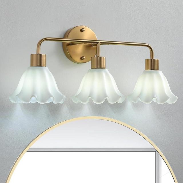 vivihobb 3 Light Gold Brass Bathroom Light Fixture,Brush Gold Vanity Lighting Over Mirror,Cute Milk White Glass Flower Lampshade,E26 Socket(Bulbs Not Included)