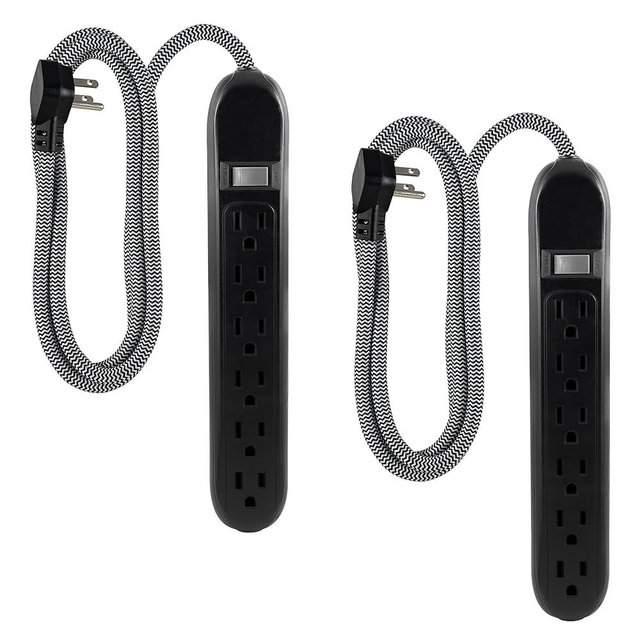 Cordinate 6-Outlet Surge Protector, 2 Pack, 6 Ft Braided Extension Cord, Power Strip, Reset Switch, 3-Prong, Wall Mount, 500 Joules, Grounded, UL Listed, Black, 60715