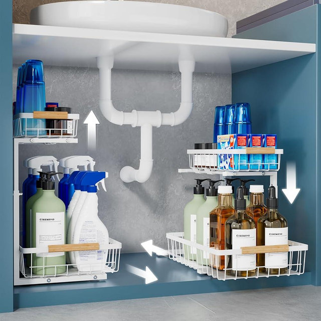 VERIFOST 2 Pack Under Sink Organizers and Storage, Height Adjustable Cabinet Organizer Pull Out Drawer, 2 Tier Metal Under Kitchen Bathroom Sink Organizer, White