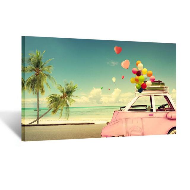 Kreative Arts Large Canvas Prints Vintage Pink Classic Car with Heart Colorful Balloon on Beach Blue Sky Wall Art Summer and Wedding Honeymoon Trip Image Giclee Art Work for Couple Bedroom Living Room