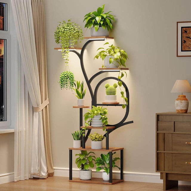 MAHANCRIS Plant Stand Indoor with Grow Lights - 60" Tall Plant Shelf, Indoor Plant Lighting Stands, 8 Tiered Flower Holder, S-Shaped Decorative Rack for Living Room, Rustic Brown and Black PSHR170E01