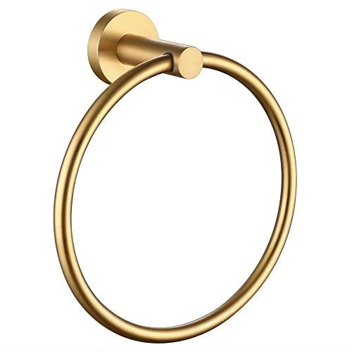 APLusee Hand Towel Ring Brushed Gold, SUS 304 Stainless Steel Round Towel Holder for Contemporary Bathroom Toilet Kitchen Storage, Wall Mounted
