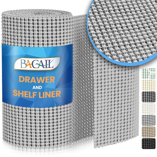 BAGAIL Drawer and Shelf Liner, 12 in X 10 Ft Non-Adhesive Shelf Liners for Kitchen Cabinets, Thick Strong Grip Liners for Desk, Shelves, Bathroom Drawers, Cabinet Protection - LightGrey