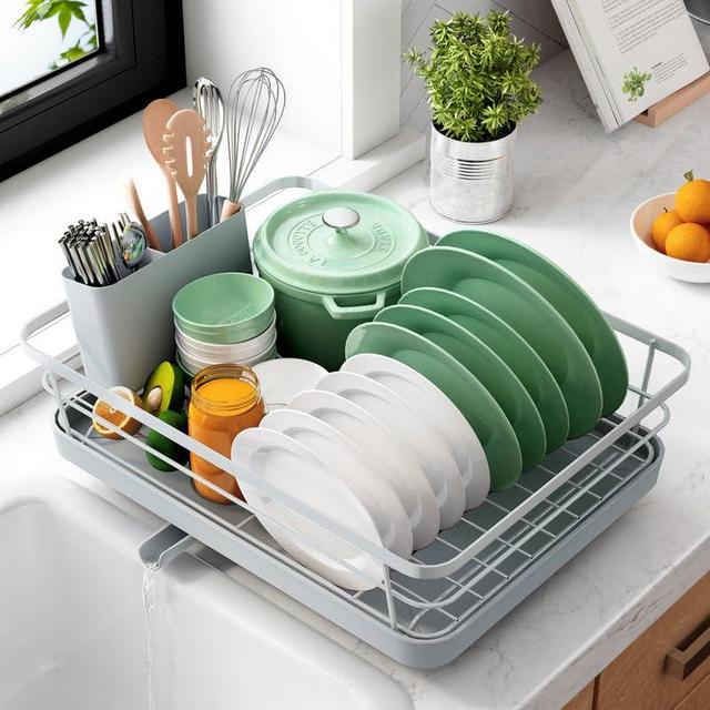 Kitsure Dish Drying Rack- Space-Saving Dish Rack, Dish Racks for Kitchen Counter, Durable Stainless Steel Kitchen Drying Rack with a Cutlery Holder, Light Grey