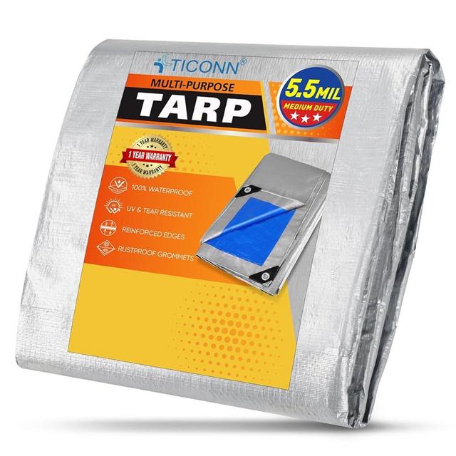 TICONN Heavy Duty Tarp Cover, Extra Thick Tarps Waterproof Tear and Rip Proof UV Resistant Tarpaulin with Reinforced Grommets and Edges (5.5 Mil, 8'x10')