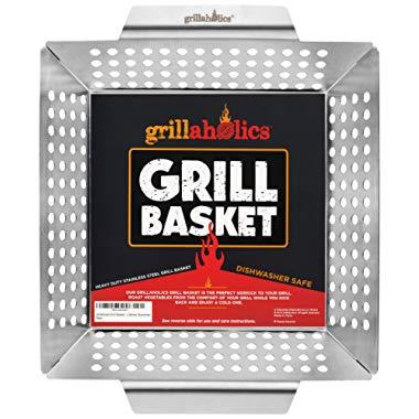 Grillaholics Grill Basket - Large Grilling Basket for More Vegetables - Heavy Duty Stainless Steel Grilling Accessories Built to Last - Perfect Vegetable Grill Basket for All Grills and Veggies