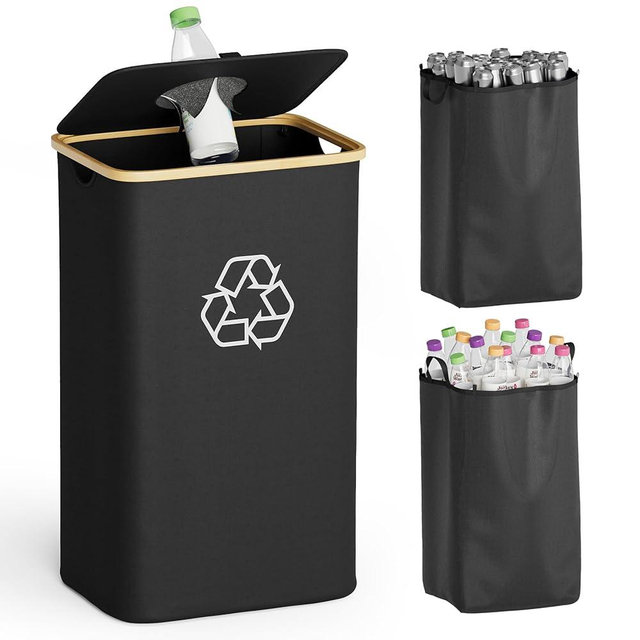 SpaceAid Recycling Bin for Kitchen 26 Gallon, 100L Recycle Bin with Lid and 2 Reusable Inner Bags, for Bottle Can Glass Plastic Stickers, Black