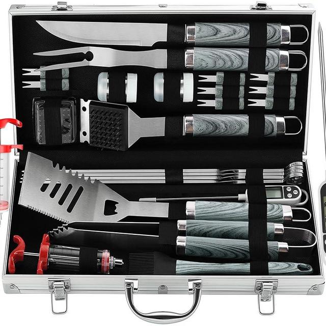 grilljoy 24PCS BBQ Grill Tools Set with Meat Thermometer and Injector - Extra Thick Stainless Steel Fork, Spatula& Tongs - Complete BBQ Accessories in Aluminum Case - Perfect Grill Gifts for Men Grey