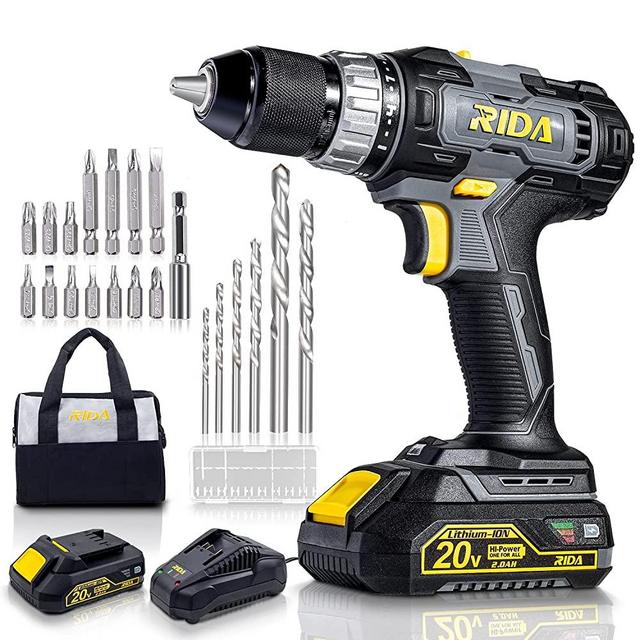 RIDA Cordless Drill 20V Electric Power Drill Set with 2.0AH Battery & Fast Charger 1/2'' Keyless Metal Chuck, Variable Speed, 25+1 Position and 21 pcs Drill/Driver Bits