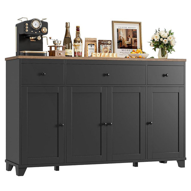 HIFIT 55" Large Kitchen Buffet Cabinet with Storage Drawers, Farmhouse Sideboard Buffet Table Storage Cabinet with Doors and Shelves, Wood Coffee Bar Cabinet for Kitchen Dining Living Room, Black