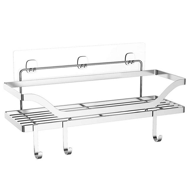FANHAO Shower Caddy Adhesive with Hooks, Rustproof SUS304 Stainless Steel Bathroom Shelf Storage Organizer for Shampoo Conditioner, Kitchen Shelf Rack No Drilling Wall Mounted