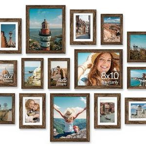 Vittanly 15 Pack Picture Frames Collage Wall Decor for Mounting or Tabletop Display, Gallery Frame Set for Family, Multi Sizes Including 3pcs 8x10, 6pcs 5x7, 6pcs 4x6, Brown