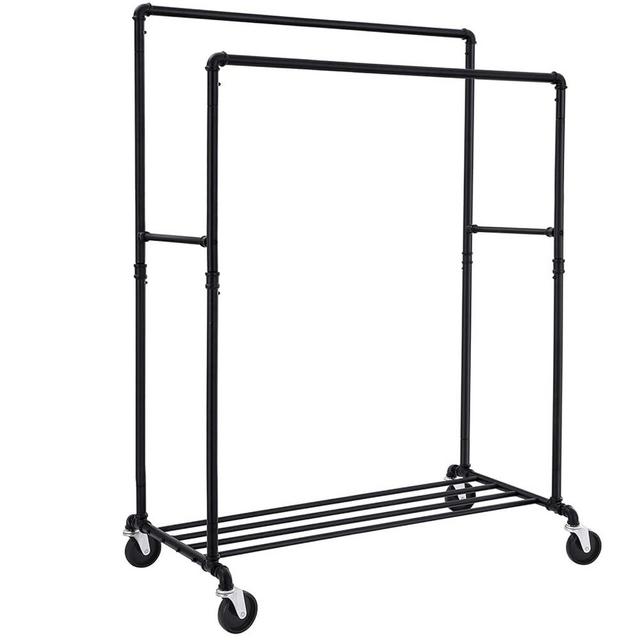 SONGMICS Heavy-Duty Clothes Rack, 39.4 Inch Clothing Rack with Storage Shelf, Double-Rod Garment Rack on Wheels, Metal Frame, 2 Casters with Brakes, Holds up to 198 lb, Black UHSR60B