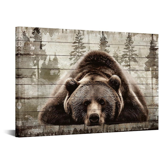 iKNOW FOTO Brown Wall Art Painting Grizzly Bear Prints On Canvas Vintage Forest Wildlife Animal Pictures Wall Art for Home Cabin Decoration Rustic Farmhouse Decor 16x24 Inches