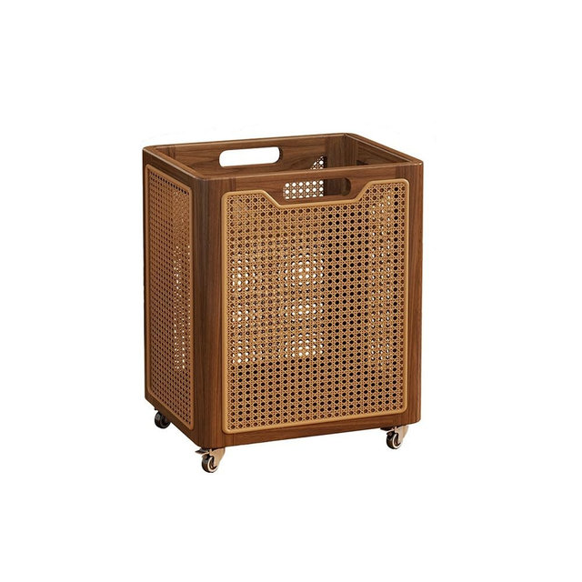 Solid Wood Laundry Basket with Ventilated Design, Rattan Hamper (Brown) | Plastic Rattan Laundry Hamper with 360° Wheels, Large Opening Dirty Clothes Basket