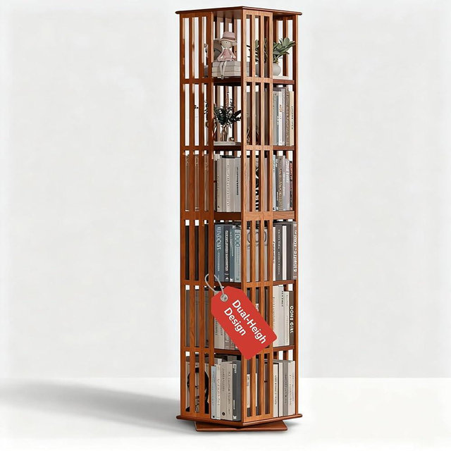 Lauxery Rotating Bookshelf Tower, 6-Tier 360° Bamboo Spinning Bookcase – Narrow Revolving Book Shelf, Floor Standing Space-Saving Storage Book Shelves for Small Space, Corner & Home Office | Walnut