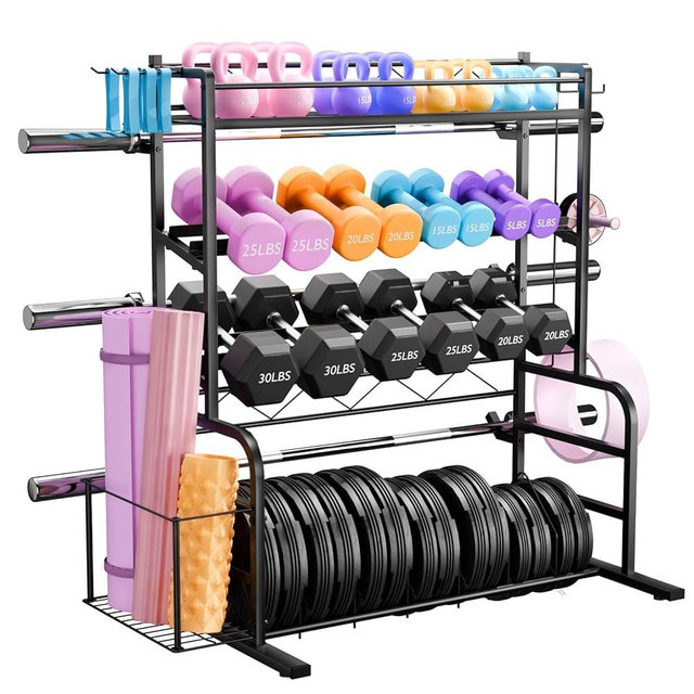 XL Adjustable Weight Rack for Dumbbells - Barbell Holder Bumper Plate Storage Rack with 3 Olympic Bar Racks, Dumbbell Rack Weight Stand,Home Gym Storage Rack for kettlebells,Yoga Mat
