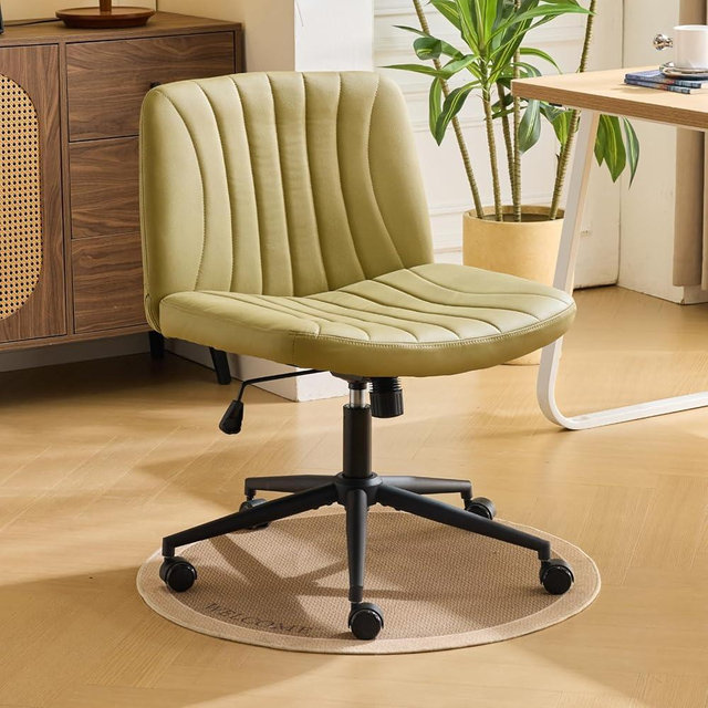 Karl home Criss Cross Chair Armless Desk Chair with Wheels Cross Legged Office Swivel Chair Wide Adjustable Comfy Padded Vanity Chair with Dual Purpose Base, PU Avocado Green