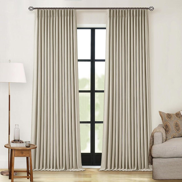 Greyish Beige Pinch Pleated Linen Blackout Curtains 96 Inch Length 2 Panels for Living Room Bedroom Light Blocking Pinch Pleat Curtains with 100% Blackout Liner Thermal Insulated Taupe Burlywood 8FT