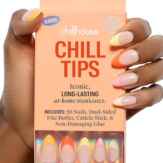 Chillhouse - Chill Tips, French Tip Press On Nails Kit - Costa Sunset (Almond) - 30 Nail Shapes & Sizes - 2 Weeks of Wear - Customizable Fit - French Manicure Kit - Women Owned - Beauty & Self Care