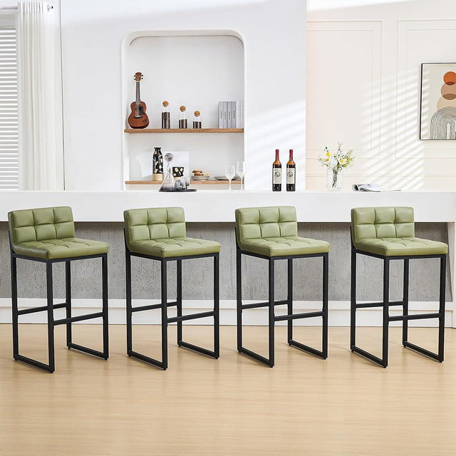 FIRAVOE Set of 4 Bar Stools, Upholstered Bar Height Barstools with Low Back and Thickened Metal Frame, Modern Tall Bar Chairs for Kitchen Island, Bar, Counter (Avocado Green, 4Pcs 30" Bar Stools)