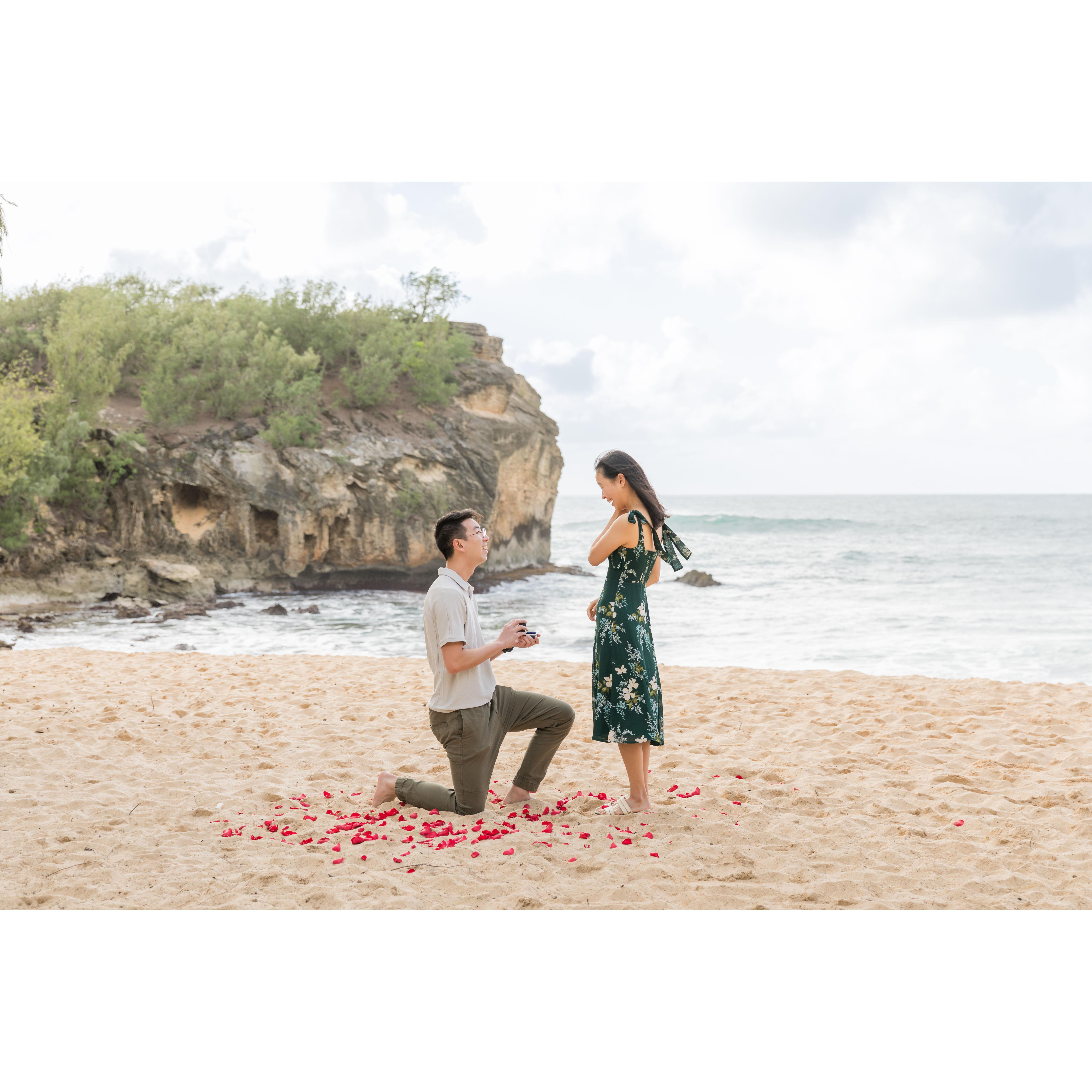 Ricky proposing at Shipwreck Beach in Kauai on December 23, 2023!