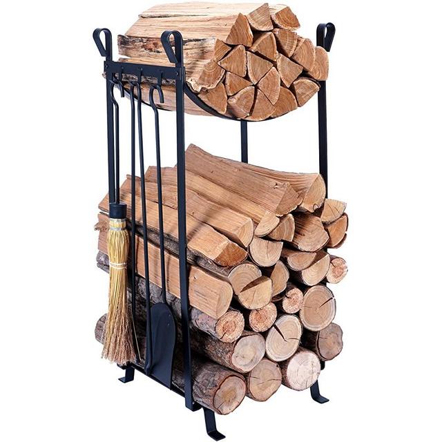 Fireplace Log Rack with 4 Pcs Fireplace Tools Sets Firewood Holders Lumber Storage Stacking Black Wrought Iron Logs Bin Holder for Fireplace Tool