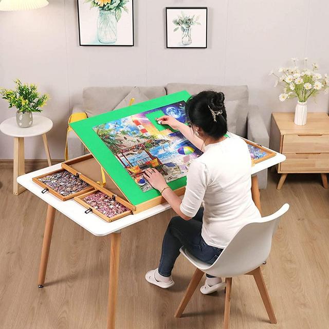 QUTMISAMY Jigsaw Puzzle Table with 4 Drawers, 1500pcs Portable Puzzle Board with Wooden Puzzle Cover, 3 Angles Tilting Puzzle Table for Adults Elder Teens