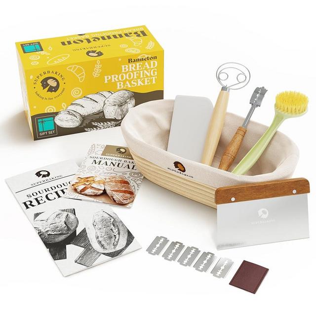Superbaking Banneton Bread Proofing Basket Gift Set for Bakers, Oval 10" Sourdough Proofing Basket for Bread Making Tools Supplies, Banneton Basket Sourdough Bread Baking Supplies, Artisan Bread Kit