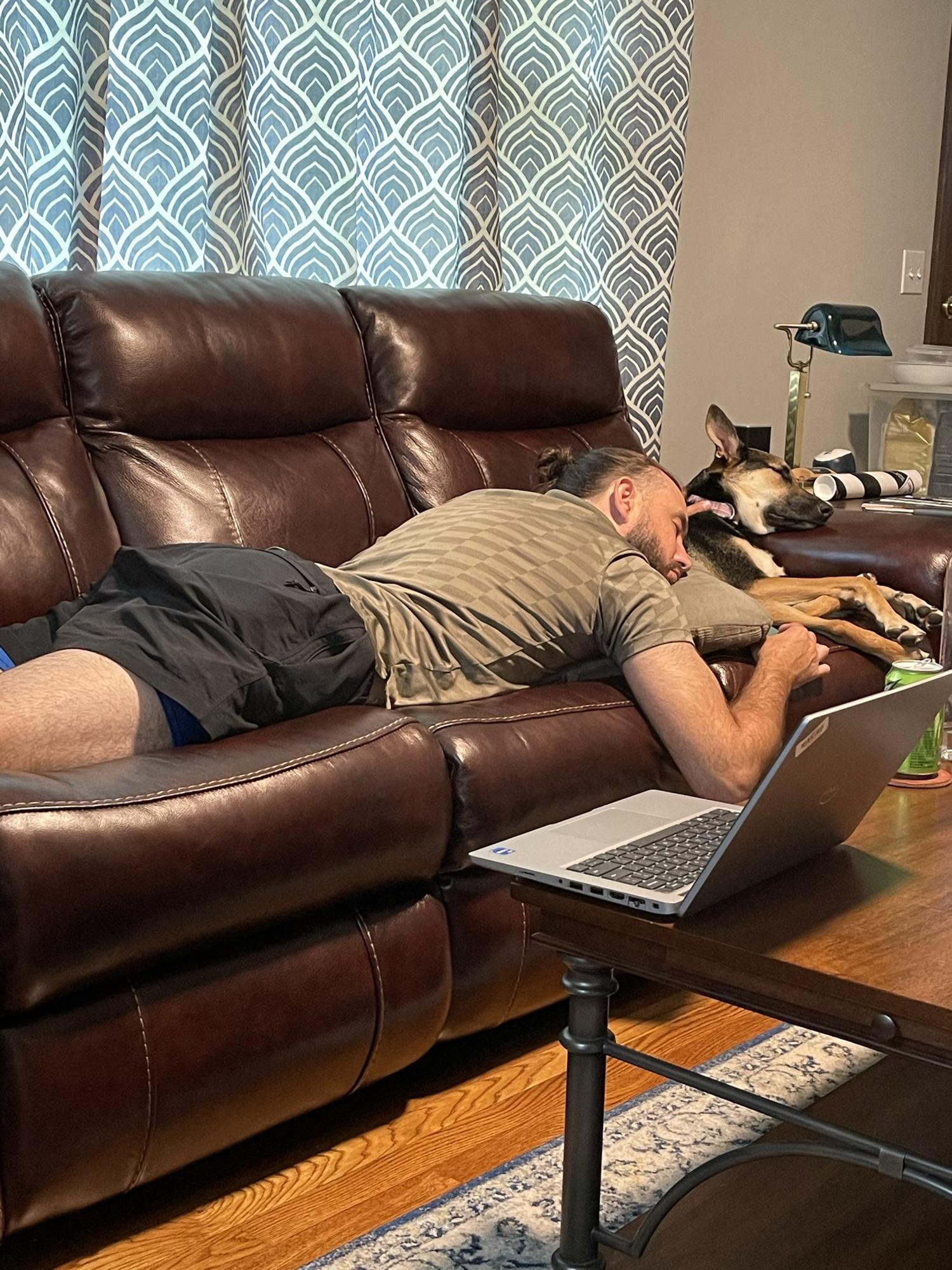 Passed out at Uncle Andy's house. We crashed here for a few days while insurance secured a hotel. Thank you, Andy!  - 2022