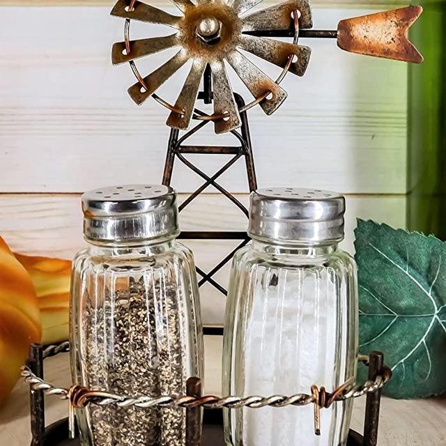 Ebros 6.5"Tall Rustic Country Farm Agricultural Windmill Outpost Salt And Pepper Shakers Holder Display Stand Set Western Kitchen Dining Home Decor Centerpiece In Aged Bronze Finish
