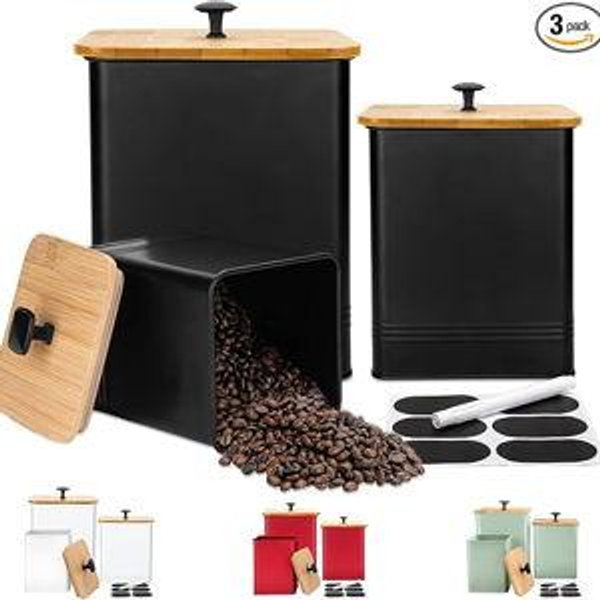 [BLACK] Kitchen Canisters Set of 3, Metal Flour Sugar Storage Containers with Airtight Lids-Canisters Sets for Kitchen with Customizable Chalkboard Labels & Marker Pen-Spice, Coffee Storage Jars(Black)