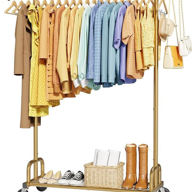Sakugi Clothes Rack - Large-Capacity Clothing Racks for Hanging Clothes with Lockable Wheels, Space-Saving Metal Coat Rack for Bedroom, Laundry Room, Entryway, 45.6" x 16.9" x 59", Gold