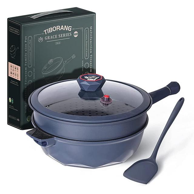 TIBORANG 7 in 1 Multipurpose Heat Indicator Deep Frying Pan with Lid, 5 Quart Nonstick Saute Pan with 7-layer Coating,Deep Skillet with Cover, Stay-cool Handle, Steamed Grid,11 Inch(Navy Blue)