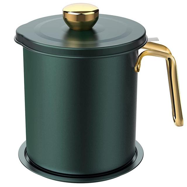 Chihee Oil Strainer Pot Grease Can 2L / 67.6 fl oz Food Strainer Stainless Steel Oil Storage Container with Fine Mesh Strainer Dust-proof Lid Non-slip Tray for Storing Frying Oil & Cooking Grease