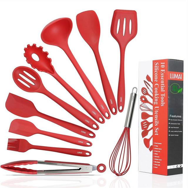 LUMAI Red Silicone Kitchen Utensils Set 10 pcs: Non Toxic Cooking Utensils for Nonstick Cookware, Red Cooking Utensils Set, Juego de Utensilios de Cocina de Silicona, Cucharas de Silicona para Cocina