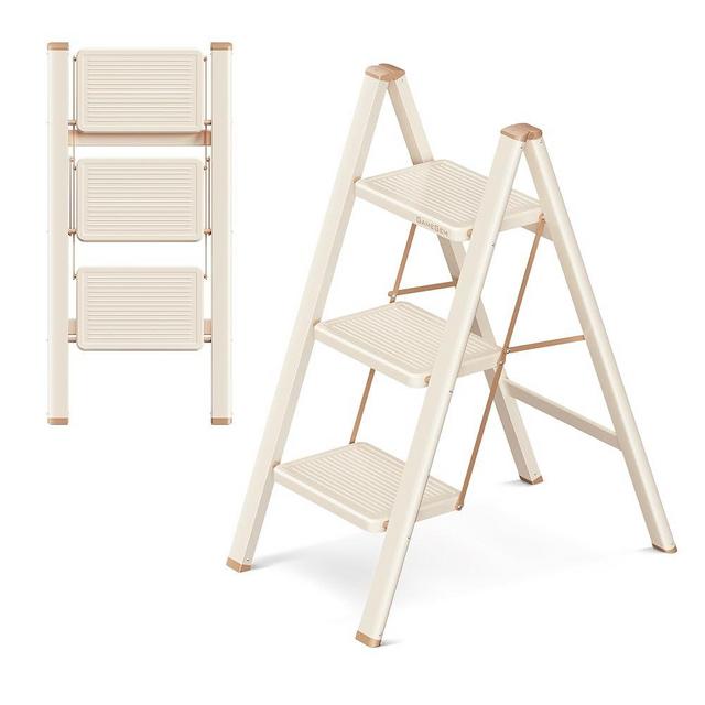 GameGem 3 Step Ladder Folding Step Stool with Wide Anti-Slip Pedal, 330LBS Capacity, Lightweight Portable Stepladder for Home and Kitchen Use, Cream Chocolate