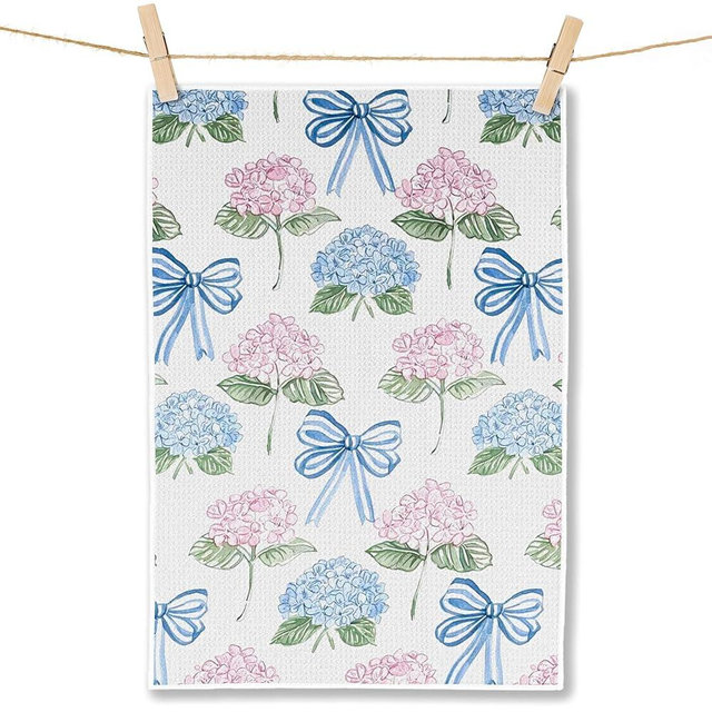 FITIE Coquette Blue Bow Hydrangea Kitchen Towels, Vintage Cottagecore Floral Dish Tea Towels for Kitchen Decor, Preppy Pink Blue Floral Hand Towels for Bathroom Decor, 16x24 Inch