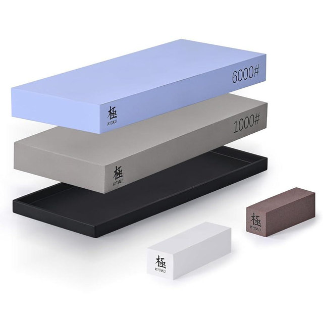 KYOKU Sharpening Stone Whetstone Kit, Knife Sharpening Set with 1000 & 6000 Grit Knife Sharpener Stones, Professional Japanese Whetstone Bundle with Nonslip Rubber Mat Rust Remover Flattening Stone