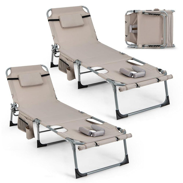 GYMAX Tanning Chair, 330LBS Beach Lounge Chair with Face Arm Hole & Hand Shoulder Strap, Folding Layout Sunbathing Chair, Face Down Outdoor Chaise Lounger for Patio, Poolside, Lawn, Backyard (2, Sand)